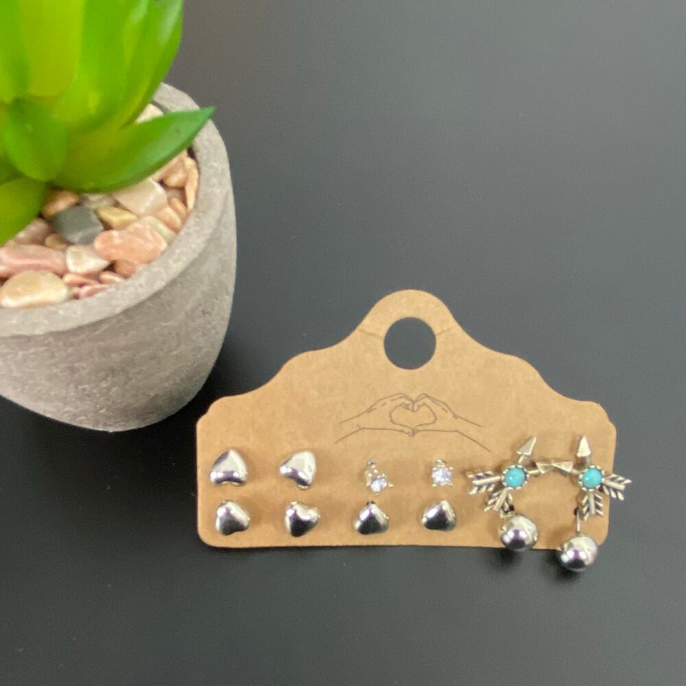 Western Boho Stud Earring Set - Opal, Turquoise & Hearts (6 Pairs)